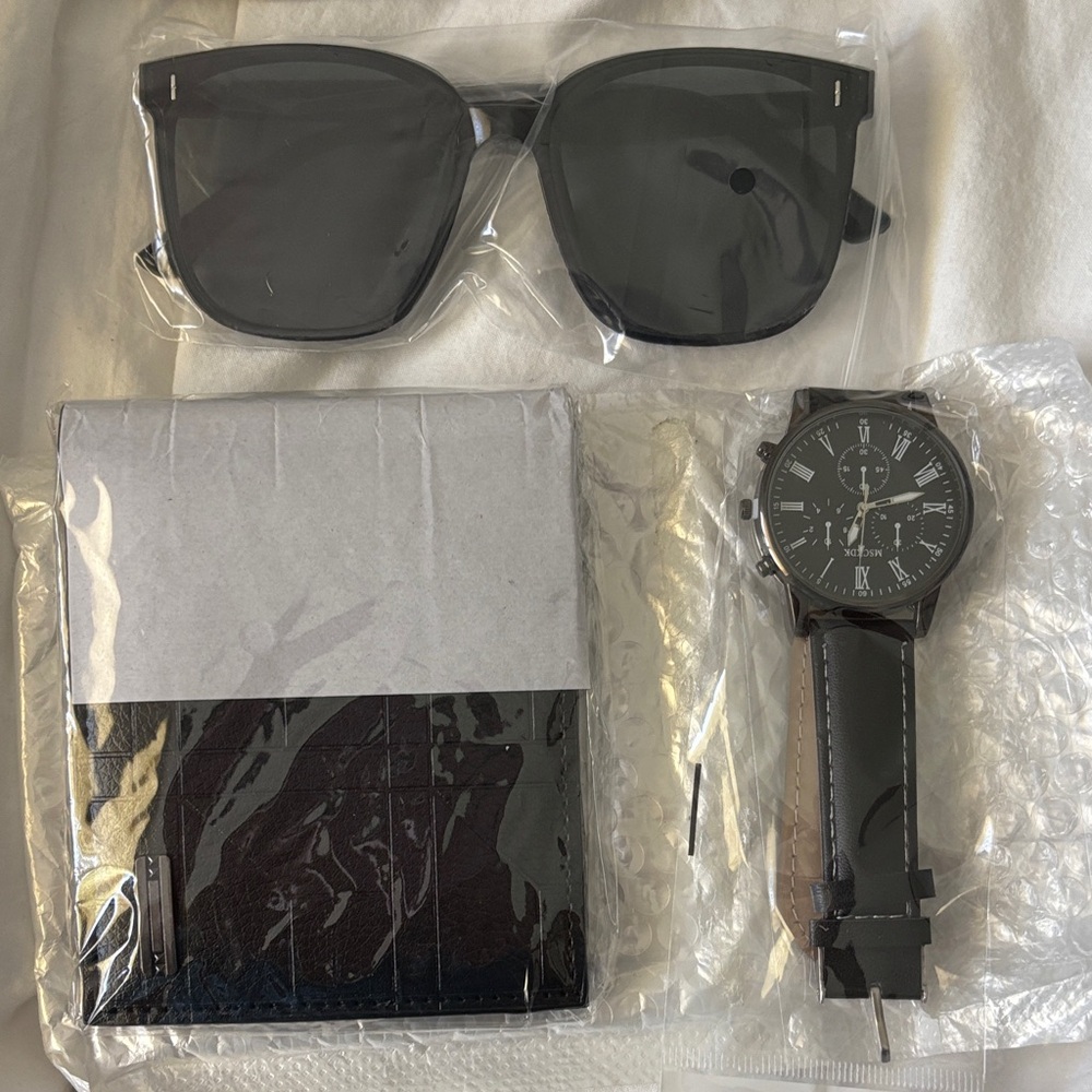 Black Leather Wallet, Watch and Sunglasses for Men
